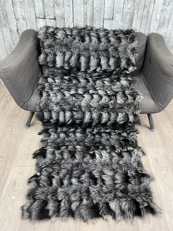 Luxury silver fur blanket  fox patchwork throw rug, cozy and fluffy genuine fur blanket