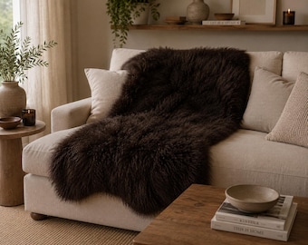 Brown Tibetan Lamb Throw, Fluffy MongolianSheepskin Blanket for Sofa & Bed, Luxury Home Decor