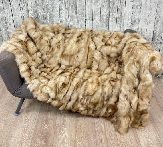 Luxury fox fur blanket throw, cozy and fluffy genuine fur blanket