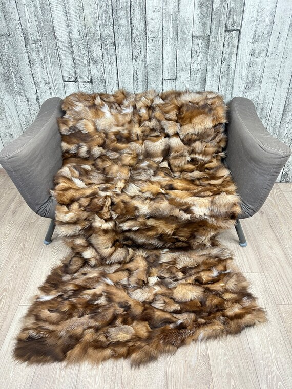 Crystal fox fur blanket throw, cozy and fluffy genuine fur blanket, elegant fur bedspread