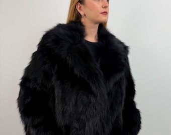 Black Fox Fur Jacket: Genuine Winter Luxury Fur Coat