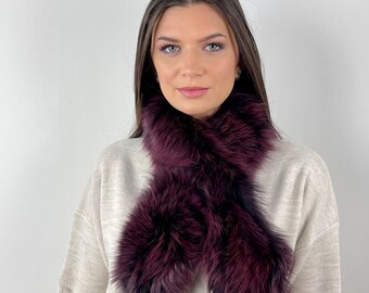Real Burgundy Fur Fox Scarf: Handmade Fluffy Collar