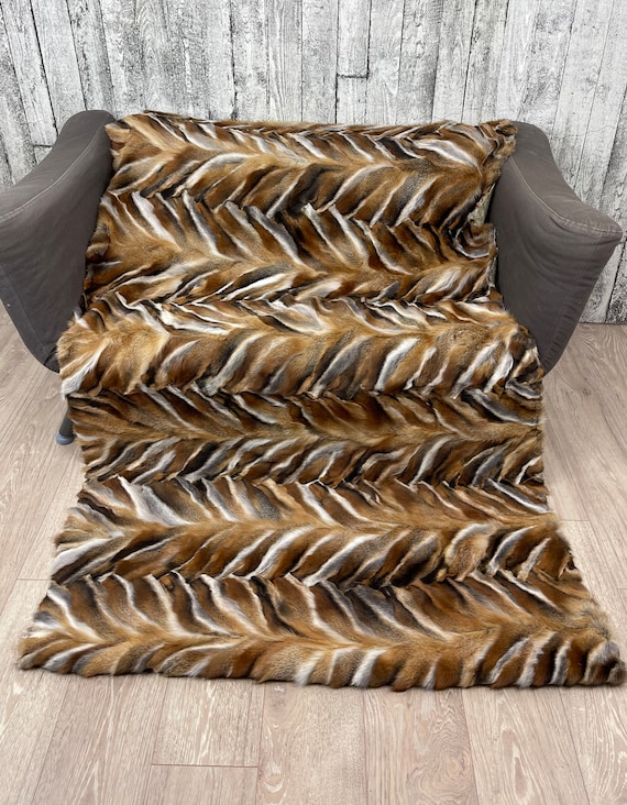 Luxury red fox patchwork fur blanket throw rug, genuine fur rug