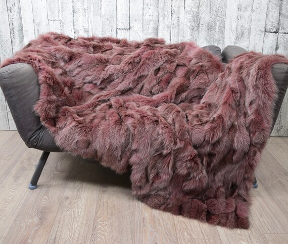Luxury fox fur blanket throw, fluffy genuine fur blanket