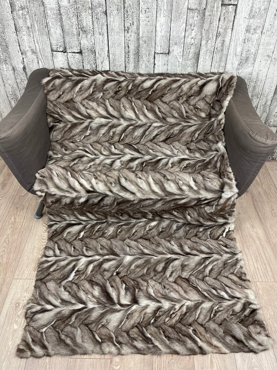 Luxury blue fox patchwork fur blanket throw rug, cozy and fluffy genuine fur fug