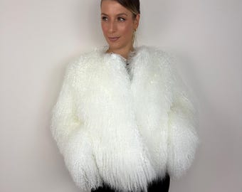 White Mongolian Lamb Fur Jacket, Genuine Curly Sheepskin Coat, Handmade Luxury Winter Outerwear