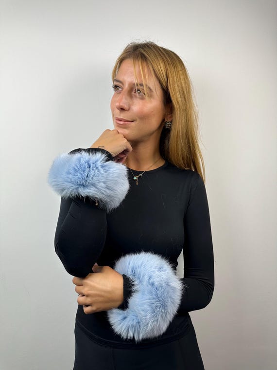 Luxury Fur Cuffs,  baby blue fox cuffs, real fur cuffs, fluffy and cozy fur cuffs, wrist warmers