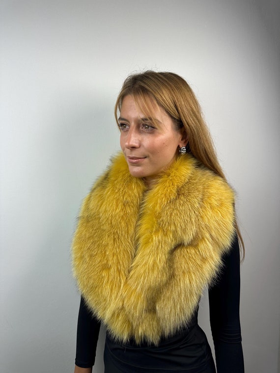 Yellow Fur fox collar, real fur stole, fox collar, fluffy scarf