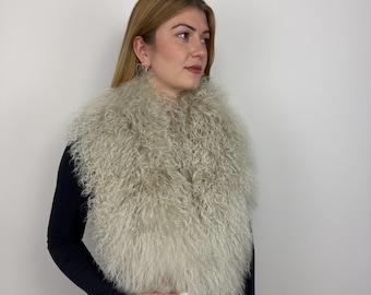 Ivory Cream Mongolian Lamb Stole, Beige Tibetan Lamb Scarf, Luxury Shoulder Wrap, Collar Winter Accessory
