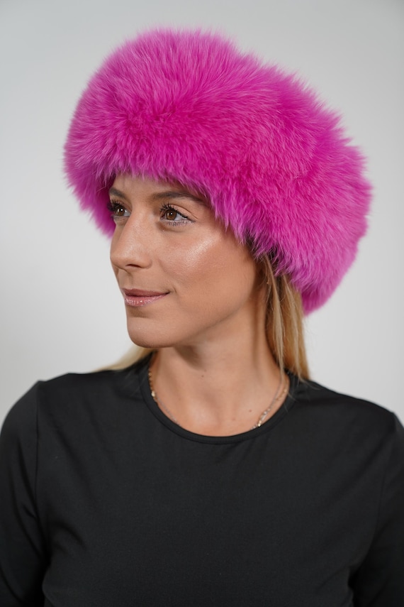 Fuchsia Fox Fur Headband: Luxury Fluffy Headband Warmer