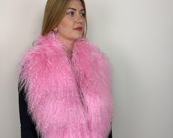 Pink Mongolian Lamb Stole, Tibetan Lamb Scarf, Luxury Shoulder Wrap, Collar Winter Accessory