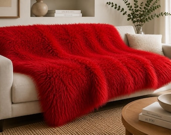 Red Tibetan Lamb Throw, Fluffy MongolianSheepskin Blanket for Sofa & Bed, Luxury Home Decor