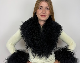 Black Mongolian Lamb Collar, Tibetan Lamb Scarf, Luxury Winter Shoulder Wrap, Genuine Lambskin Collar