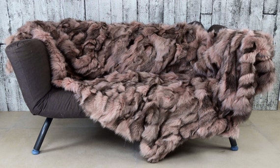Luxury pink gray fox fur blanket throw, real fur blanket, cozy and fluffy genuine fur blanket
