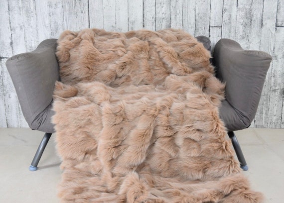 Luxury fox fur blanket throw, cozy and fluffy genuine fur blanket