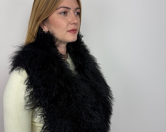 Black Mongolian Lamb Stole,  Tibetan Lamb Scarf, Luxury Shoulder Wrap, Collar Winter Accessory