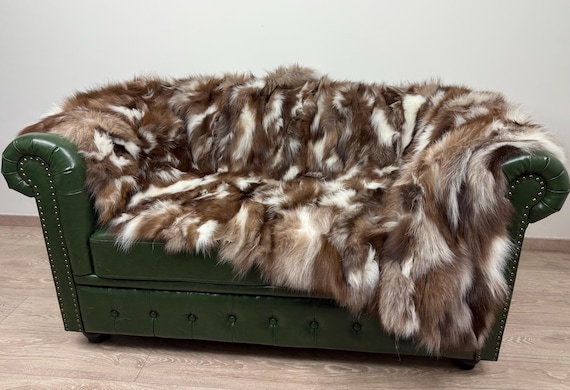 Luxury Crystal Fox Fur Blanket – Real Fur Throw in Natural Brown & White, Soft Fluffy Bedspread or Sofa Cover