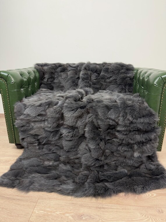 Fluffy fur blanket throw, Real fur blanket, fox fur throw, cozy fur blanket, gray fur bedspread