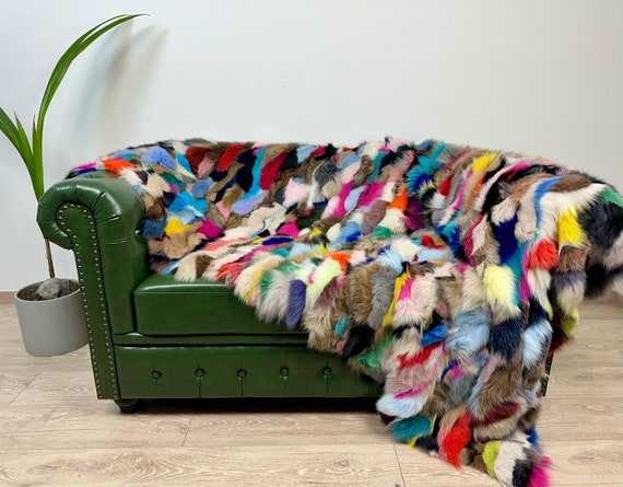 Luxury Real Multicolor Fox Fur Blanket Throw – Handmade Natural Fur Bedspread or Rug – Colorful Cozy Home Decor