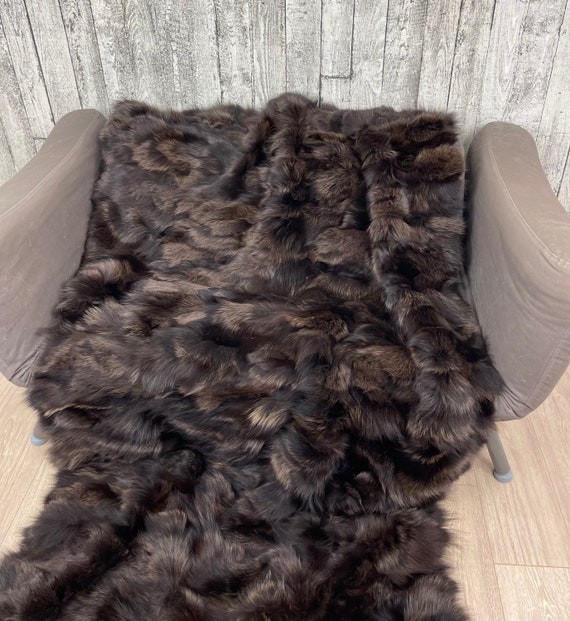Luxury fox fur blanket throw, cozy and fluffy genuine fur blanket