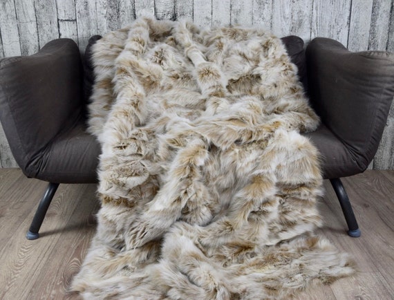 Luxury snow top fox fur blanket throw, cozy and fluffy genuine fur blanket