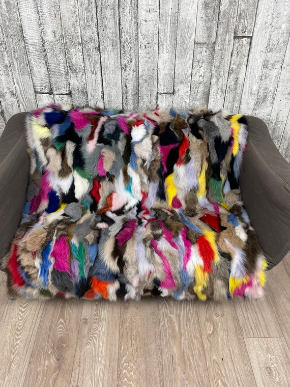 Luxury multicolour fur blanket, real fur blanket, fox fur throw