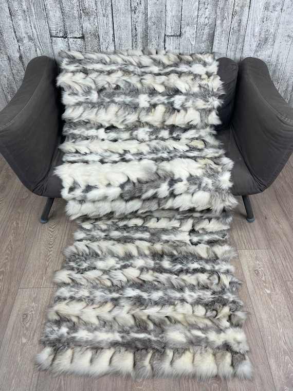 Luxury platinum fur blanket fox patchwork throw rug, cozy and fluffy genuine fur blanket