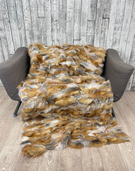 Luxury red Canadian fox fur blanket throw, cozy and fluffy genuine fur blanket