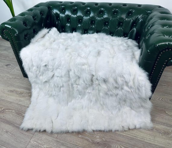 Luxury white fox fur blanket throw, fluffy fur blanket, real fur blanket, white fur bedspread