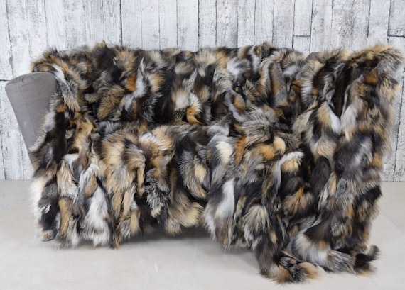 Luxury cross fox fur blanket throw, real fur blanket, soft and fluffy fur throw, cozy genuine fur bedspread