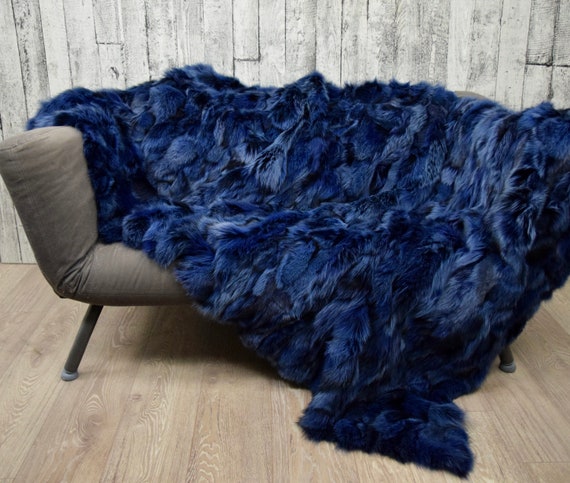 Luxury blue fox fur blanket throw, cozy and fluffy genuine fur blanket