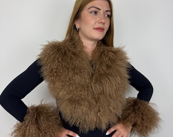 Warm Brown Mongolian Lamb Collar, Tibetan Lamb Scarf, Genuine Taupe Lambskin Collar
