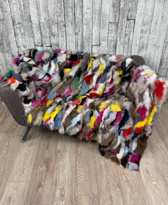 Luxury multi color fox fur blanket throw, real fur blanket, fox fur throw, cozy multicolour fur blanket