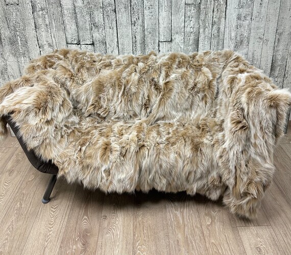 Luxury snow top fox fur blanket throw, real fur blanket throw, cozy and fluffy genuine fur blanket