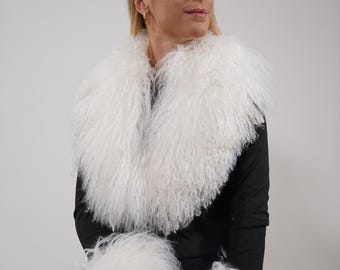Real White Mongolian lamb Fur Collar: Tibetan Lamb Bridal Stole