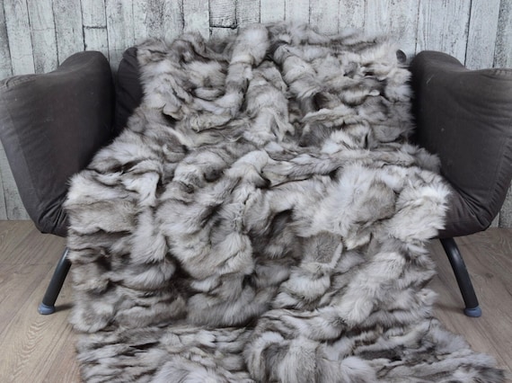 Luxury blue fox fur blanket throw, cozy and fluffy genuine fur blanket, real fur bedspread