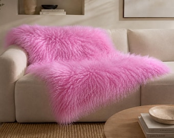 Pink Tibetan Lamb Throw, Fluffy MongolianSheepskin Blanket for Sofa & Bed, Luxury Home Decor