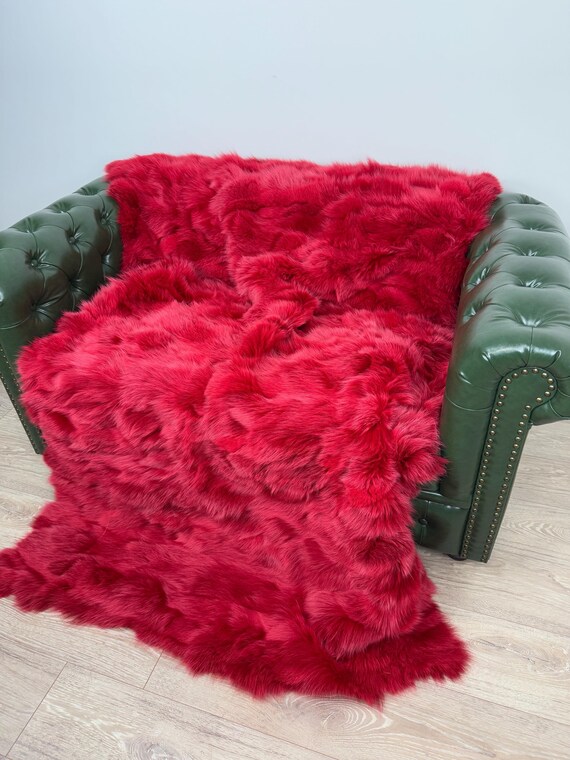 Red fur blanket throw, fluffy fox fur blanket, elegant fur throw, red fur bedspread, real fur blanket