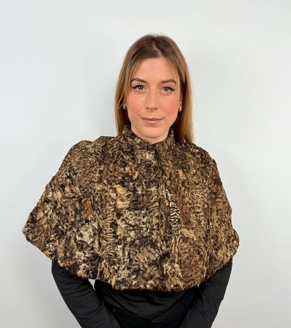 Elegant Gold Karakul Fur Shawl – Real Astrakhan Fur Wrap, Lambskin Fur Stole, Vintage-Inspired Capelet Collar