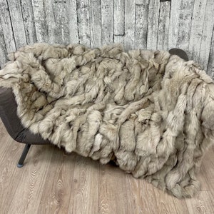 Luxury fox fur blanket throw, cozy and fluffy genuine fur blanket