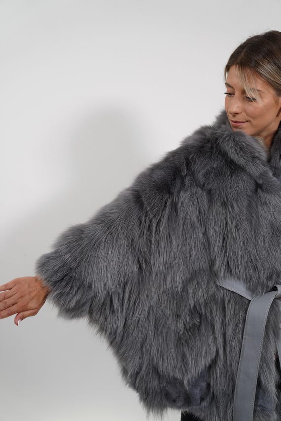 Luxury Gray Fur Cape: Real Fox Fur Grey Jacket Poncho with Belt