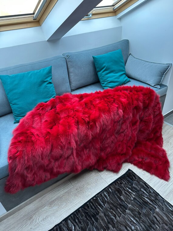 Red Fur Blanket , Fluffy Fur Throw, Real Fox Fur Blanket, Red Fur Throw