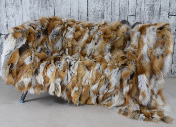 Luxury gold fox fur blanket throw, real fur blanket, cozy and fluffy genuine fur blanket