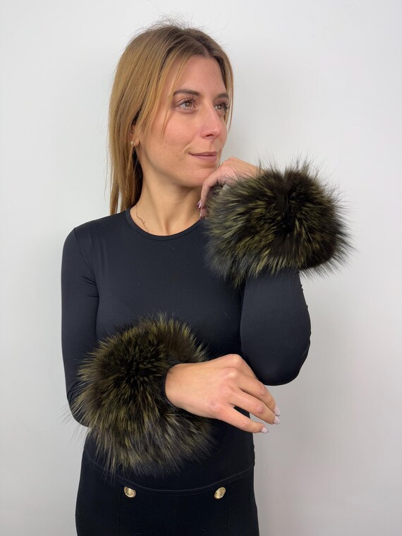 Green Fur Cuffs, Real Fur Cuffs, Fluffy Fur Cuffs, Wrist Warmers