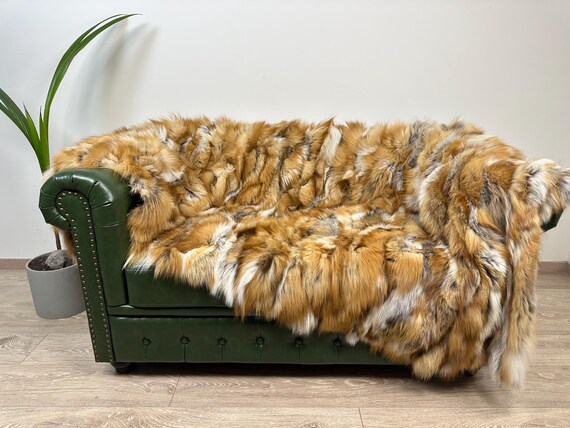 Real Gold Fox Blanket, genuine fox fur blanket throw, luxury fur bedspread
