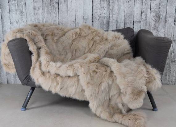 Beige Fox Fur Blanket Throw – Elegant Real Fur Throw, Genuine Fox Blanket, Luxury Winter Home Decor
