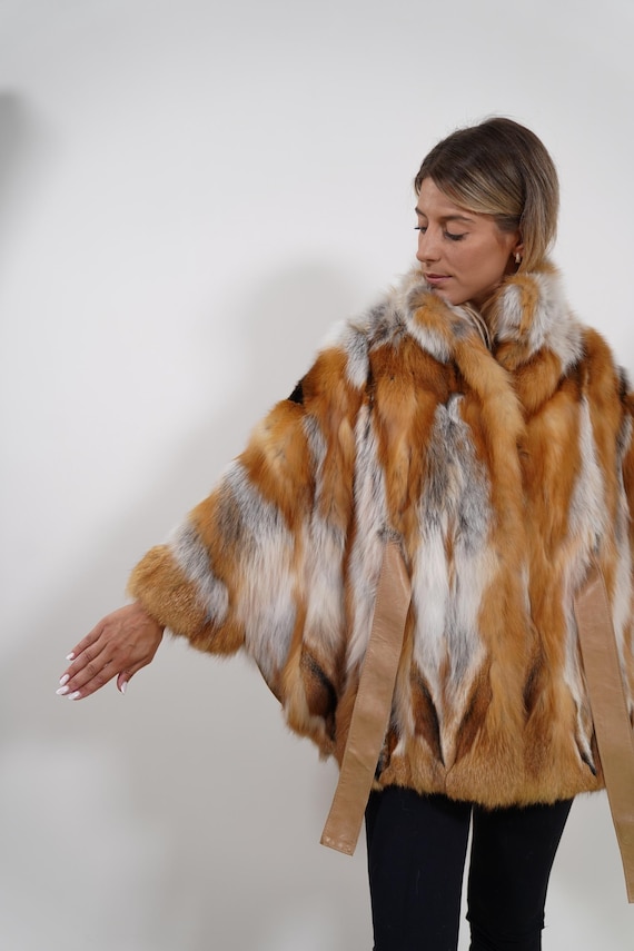 Luxury Red Fox Fur Cape: Real Fur Jacket Poncho with Belt
