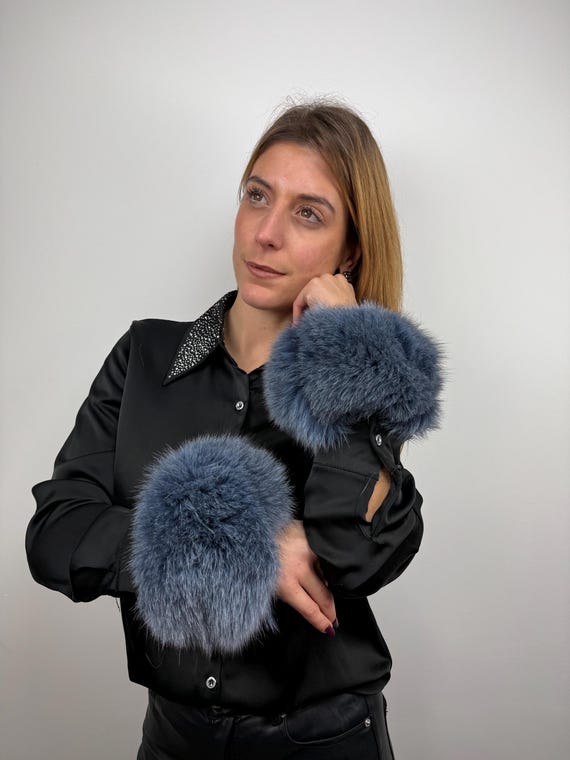 Blue Fur cuffs, fox cuffs, real fur cuffs, fluffy and cozy fur cuffs, wrist warmers