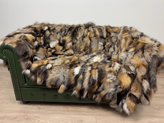 Luxury Real Cross Fox Fur Blanket Throw – Handmade in Greece – Natural Fur Bed Cover