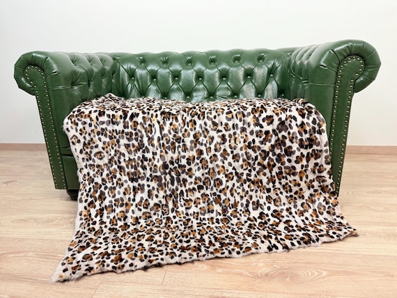 Luxury Animal Print Fox Fur Blanket – White Real Fur Leopard Print Throw – Handmade Bedspread or Rug